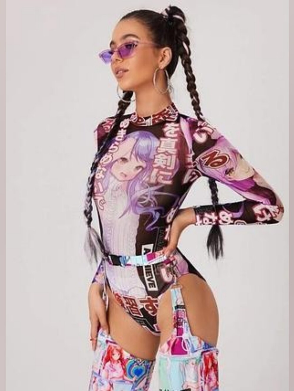 Cyber Y2K Purple Anime Mesh Bodysuit
